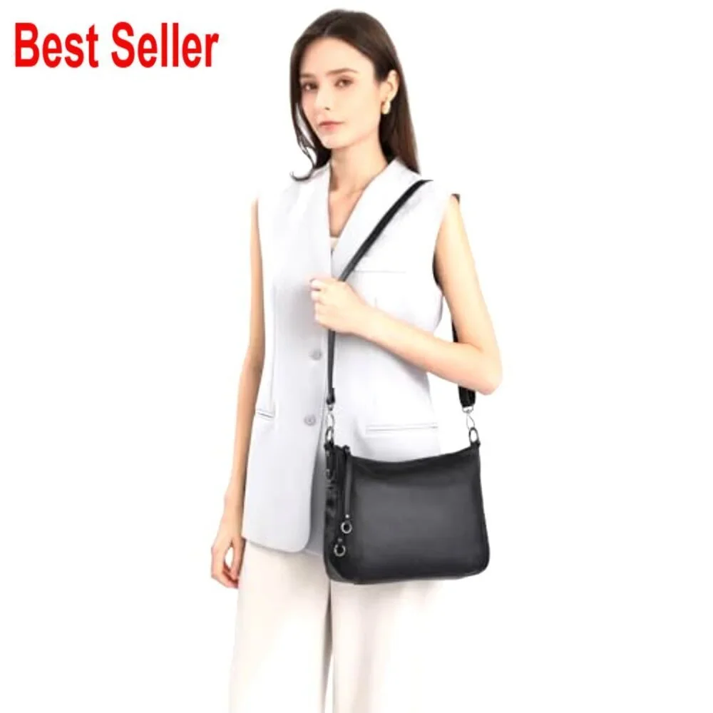 Genuine Leather Hobo Shoulder Bag with Crossbody Strap